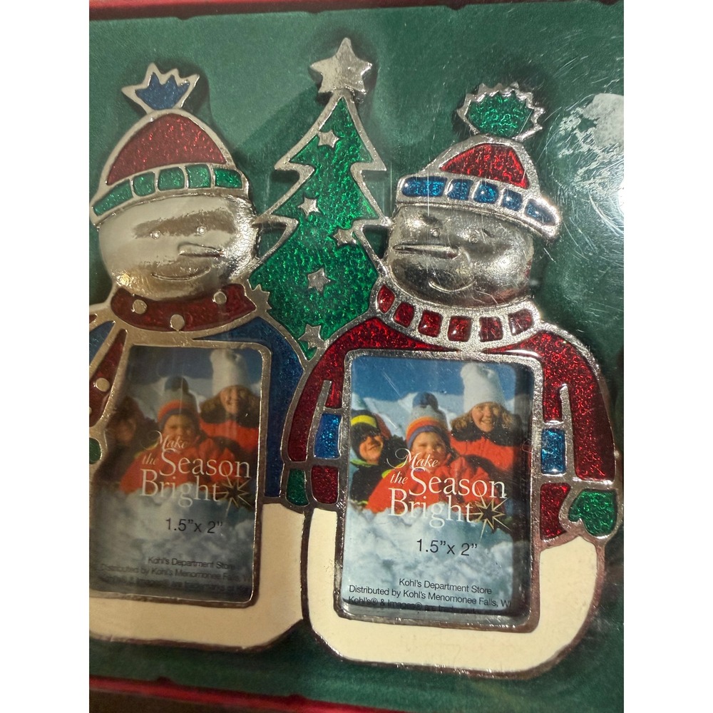 Kohls Christmas Snowman Double Picture Frame Glitter Metal 1.5x2 Holiday Decor